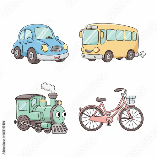 Flat Vector SVG Illustration of Vehicles Featuring Cartoon Style Cars Train Bicycle and Bus in Pastel Colors Modern Minimalist Design