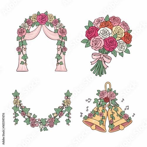 Vector Decorative Floral SVG Icon Set with Bouquets Garlands and Wedding Elements in Flat Design Style