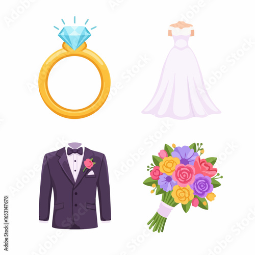 Vector SVG Illustration of Wedding Symbols with Floral and Formal Elements in Flat Design Style Bright Colors