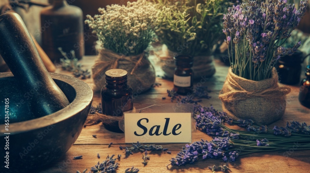Fototapeta premium A table with a sign that says Sale. There are several vases of flowers on the table, including lavender