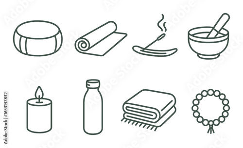 Outline icons of summer: hat, sunglasses, beach ball, flip flops, ice cream, shell, bucket, shovel, starfish
