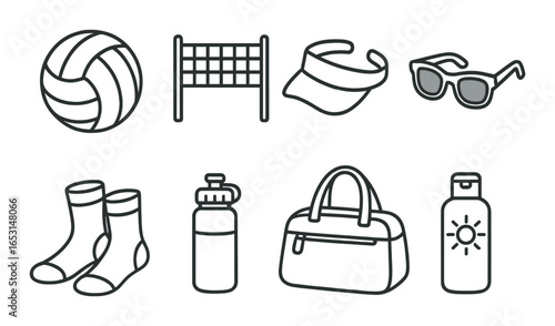 Monochrome fitness equipment icons: dumbbells, kettlebells, ropes, bottle, stopwatch, treadmill