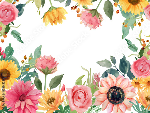 Watercolor floral border with sunflowers, roses, and garden blossoms. Hand-painted flower frame for invitations and cards. Isolated on transparent background, png