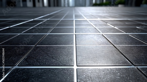 A modern, sleek, black and white tiled floor with a reflective, metallic surface, featuring a grid pattern and a clean, minimalist design.