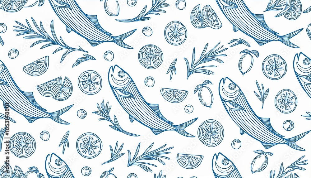 simple seamless pattern fish sardine herring olives lemon slices tomato rosemary branch mediterranean diet seafood blue outline on white background for prints of packaging products simple seamless pattern fish sardine herring olives lemon slices tomato rosemary branch mediterranean diet seafood blue outline on white background for prints of packaging products