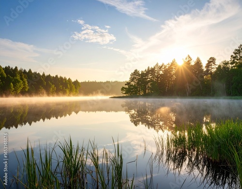 静寂に包まれた朝の湖と太陽の光