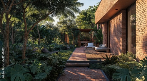Tropical backyard patio with brick house