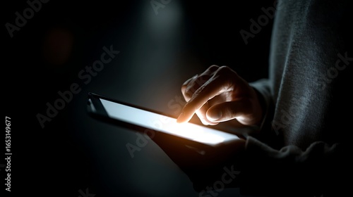 A person's hand holding a smartphone with a glowing screen in a dark room, with a blurred background and a soft focus on the phone.