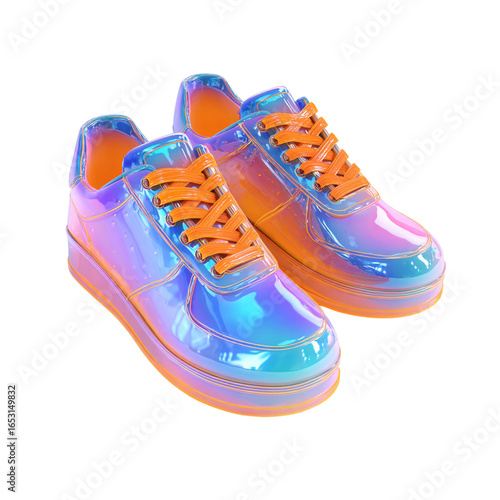 3d illustration of pair of iridescent sneakers with orange laces isolated on transparent background