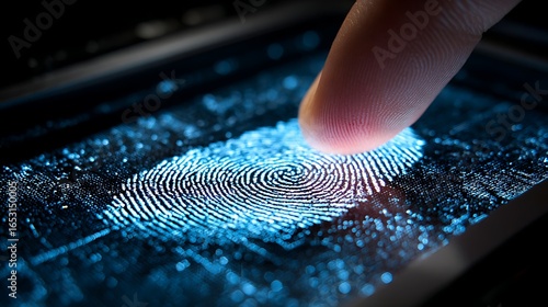 A finger touching a digital fingerprint scanner on a smartphone screen, with a blurred background.