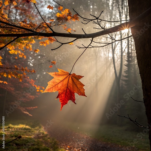 Autumn landscape with a close-up of a maple leaf on a branch illuminated by soft sunbeams breaking through the trees in the forest. The atmosphere of calm, comfort and harmony of nature. Golden autumn