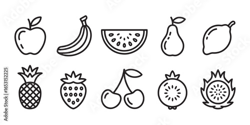 "Fruit Icons Collection, Fresh Produce, Healthy Food Symbols"