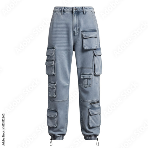 Light wash denim cargo pants isolated on transparent background