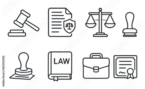 Legal icons set featuring gavel scales briefcase and documents on gradient background