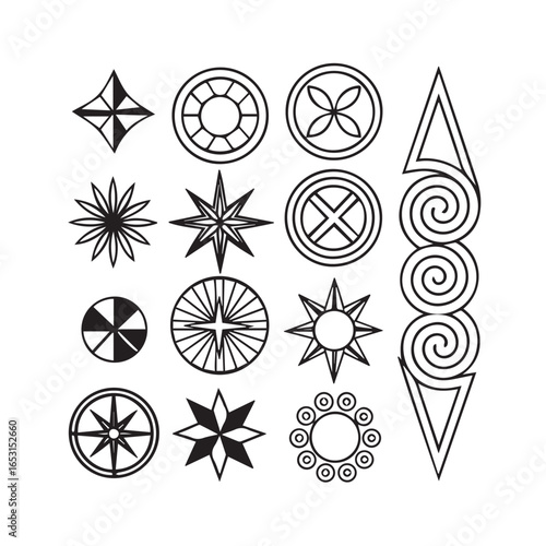 Collection of ancient celtic and norse inspired circular and starburst geometric symbols and spiral motifs