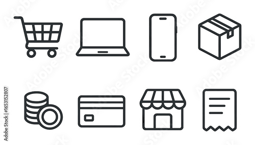 Online shopping and e-commerce icons including cart, laptop, phone, package