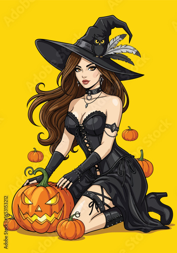 Beautiful Halloween witch pin-up, gothic black corset dress, owl on hat, and glowing jack-o’-lantern pumpkins, perfect spooky fantasy art for Halloween themes