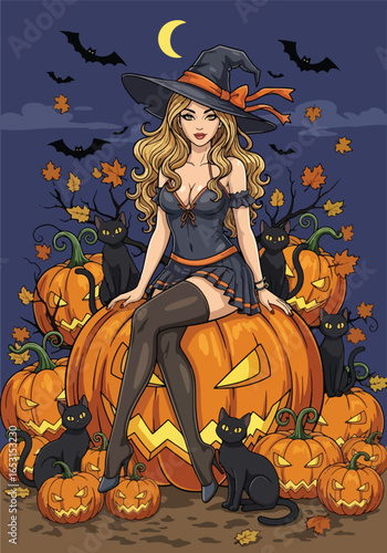 Sexy Halloween witch pin-up sitting on giant jack-o’-lantern with black cats, bats, pumpkins, and autumn leaves, perfect spooky fantasy artwork for Halloween party themes