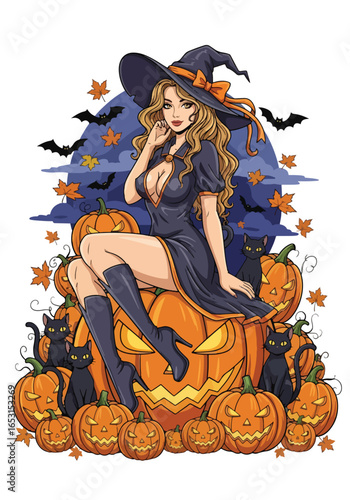 Sexy Halloween witch pin-up sitting on giant jack-o’-lantern with black cats, bats, pumpkins, and autumn leaves, perfect spooky fantasy artwork for Halloween party themes