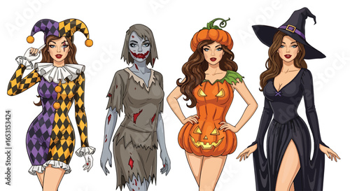 Halloween pin-up illustration featuring women in festive costumes: jester, skeleton witch, pumpkin girl, and elegant witch, perfect spooky holiday design for party and celebration themes