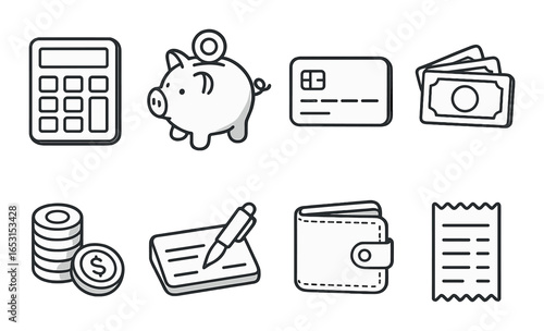 Finance symbols: calculator, piggy bank, card, cash, coins, checkbook, wallet, receipt