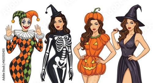 Halloween pin-up illustration featuring women in festive costumes: jester, skeleton witch, pumpkin girl, and elegant witch, perfect spooky holiday design for party and celebration themes