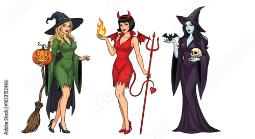 Halloween pin-up illustration featuring sexy witch with pumpkin, devil woman with fire and trident, and gothic lady with skull and bat, perfect spooky holiday costume design
