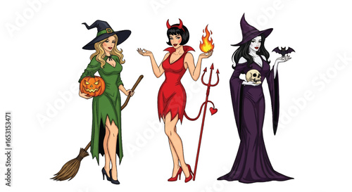 Halloween pin-up illustration featuring sexy witch with pumpkin, devil woman with fire and trident, and gothic lady with skull and bat, perfect spooky holiday costume design