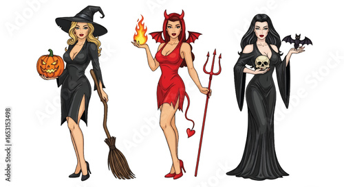 Halloween pin-up illustration featuring sexy witch with pumpkin, devil woman with fire and trident, and gothic lady with skull and bat, perfect spooky holiday costume design