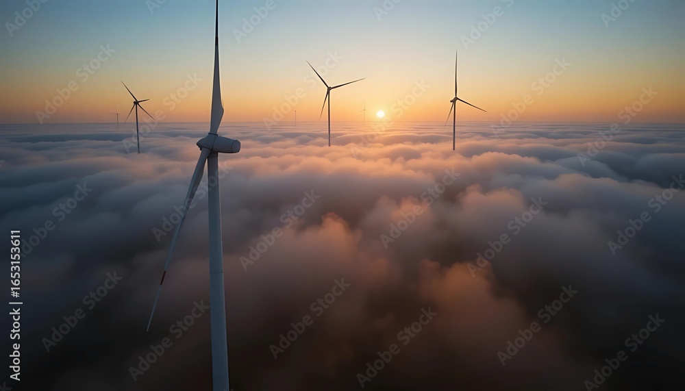 Obraz premium Majestic Wind Turbines Rising Through Clouds at Sunset, Sustainable Energy and Renewable Technology, Aerial View