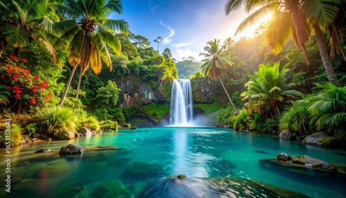 Golden Sun Rays Illuminate a Majestic Waterfall in a Lush Tropical Jungle Oasis