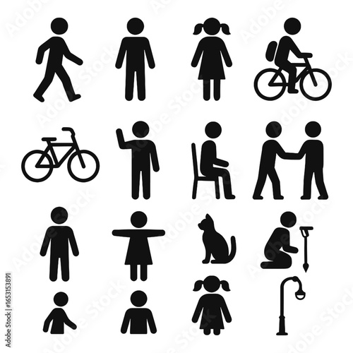 Black Pictogram Icons Depicting People Engaged in Various Activities and Transportation Methods on White Background