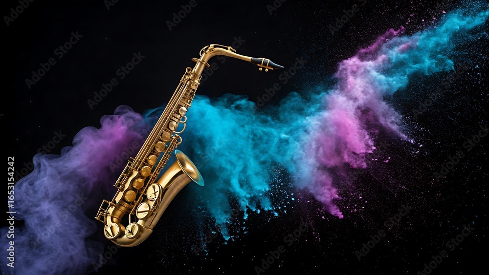 Obraz premium Golden saxophone with vibrant colorful powder explosion against a dark background, symbolizing music and creativity.