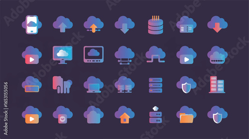Diverse cloud computing and technology icons with vibrant gradient hues data storage
