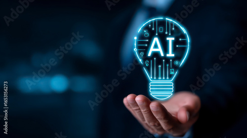 Illuminate Success Harness AI for Business Innovation Now.A businessman holds a glowing AI lightbulb with tech icons symbolizing innovation. Drive advancement leverage machine
