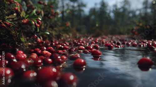 Cranberries floating in water, creating a vibrant red landscape with forest in the background.