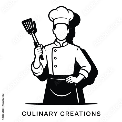 Chef in uniform holding spatula with culinary creations text logo design idea restaurant cooking concept food preparation and catering business presentation