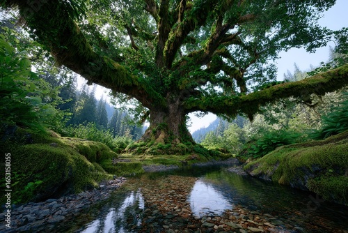 Majestic moss covered tree reflecting in a clear stream in the Hoh Rainforest Washington State