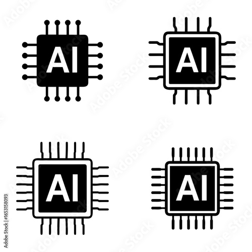 Vector four ai chip icons in black and white representing artificial intelligence concept