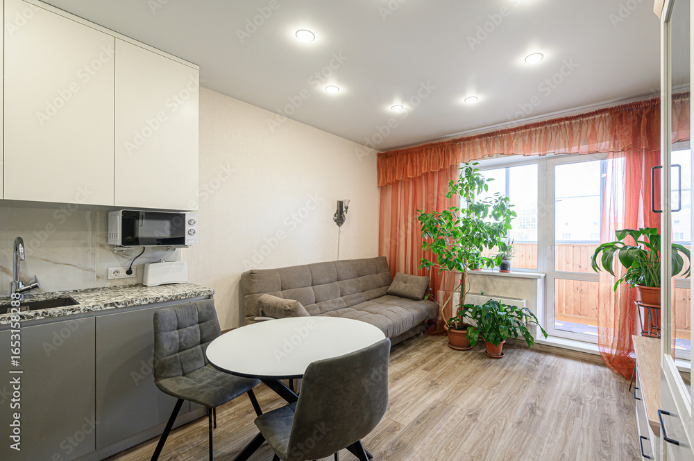 Fototapeta premium Cozy living space with kitchen, sofa, table, chairs, plants, and balcony access. Modern interior