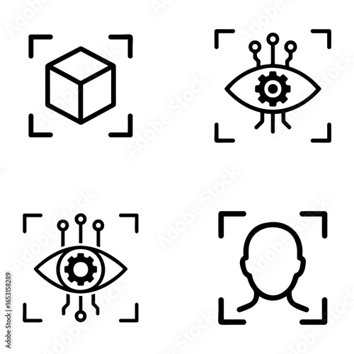 Vector outline icons depicting a cube, two eyes with gears, and a human head outline