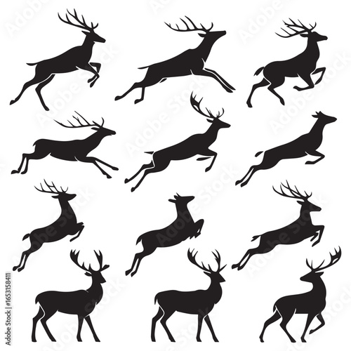 Collection of silhouetted deer in various dynamic jumping and running poses against a white background