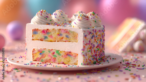 Colorful confetti cake slice with sprinkles and frosting, perfect for birthdays and celebrations.