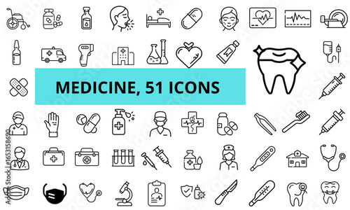 Medicine set with 51 icons depicting healthcare symbols and tools  
