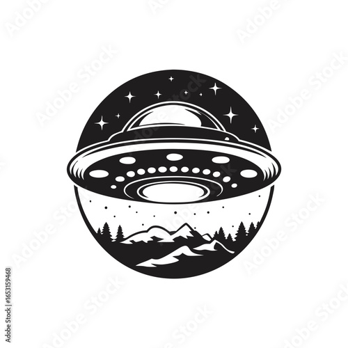 Retro UFO Spacecraft with Lights and Alien Beam on White Background