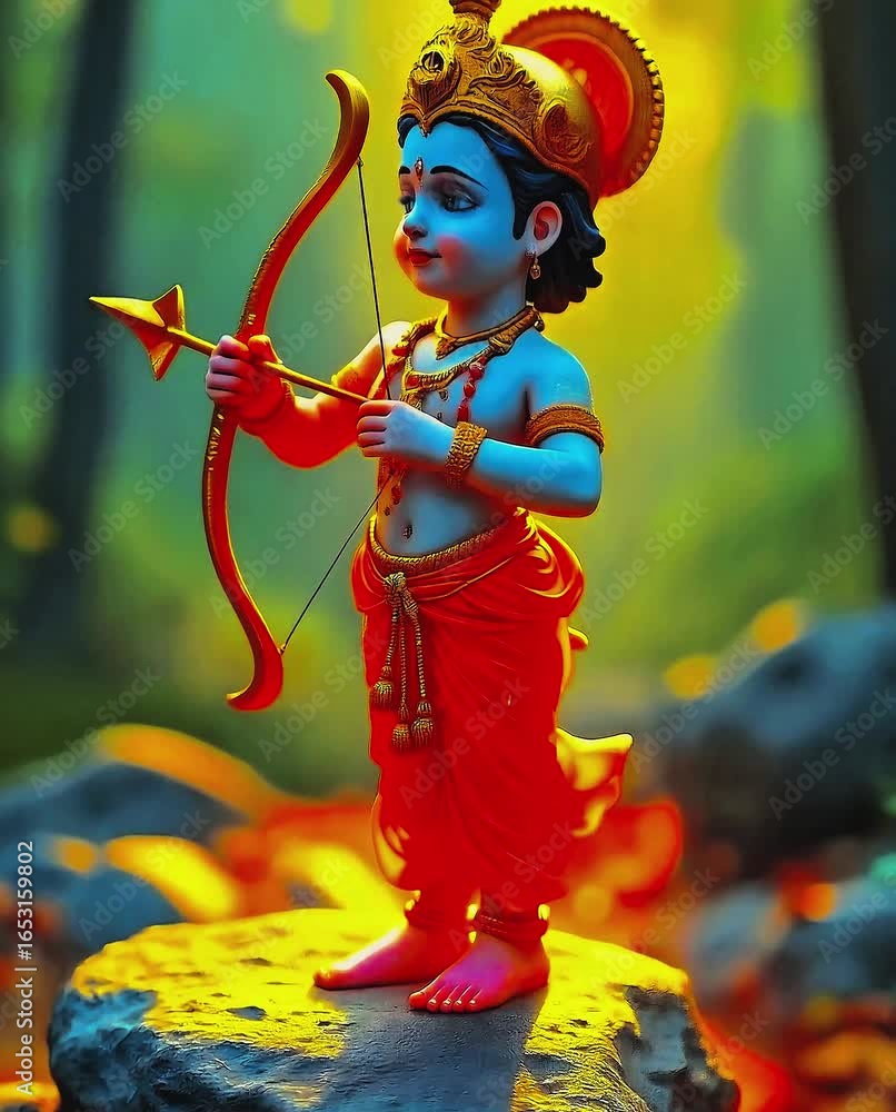Baby Rama God Baby Krishna, Child Lord Rama holding bow and arrow in a divine forest ...