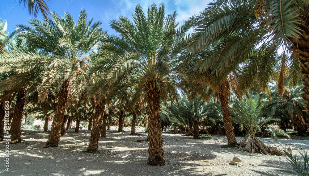 Obraz premium Vibrant Date Palm Grove Casting Long Shadows on Sun-Baked Arid Ground