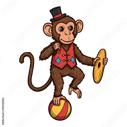 Circus monkey balancing on ball with cymbals and top hat. Vector illustration