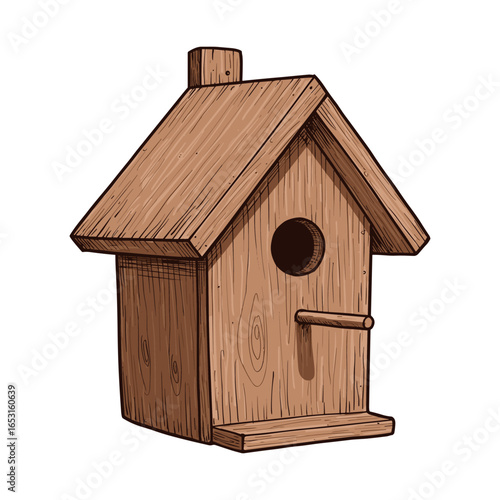 Wooden birdhouse with perch and roof design. Vector illustration