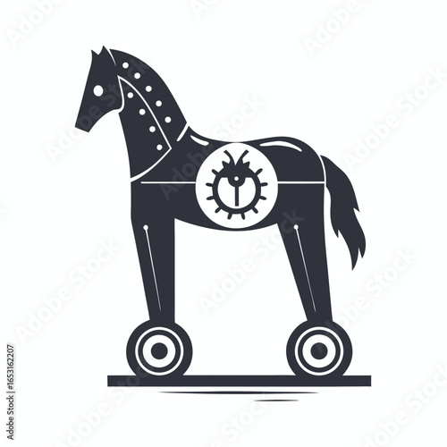 Trojan Horse Silhouette with Wheels and Gears on White Background Icon Design